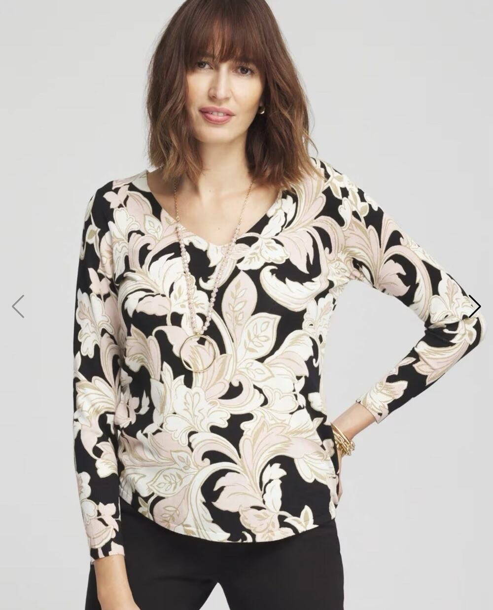 Chicos Pink Black V-Neck Lightweight Long Sleeve Sweater Size 2 (Large)